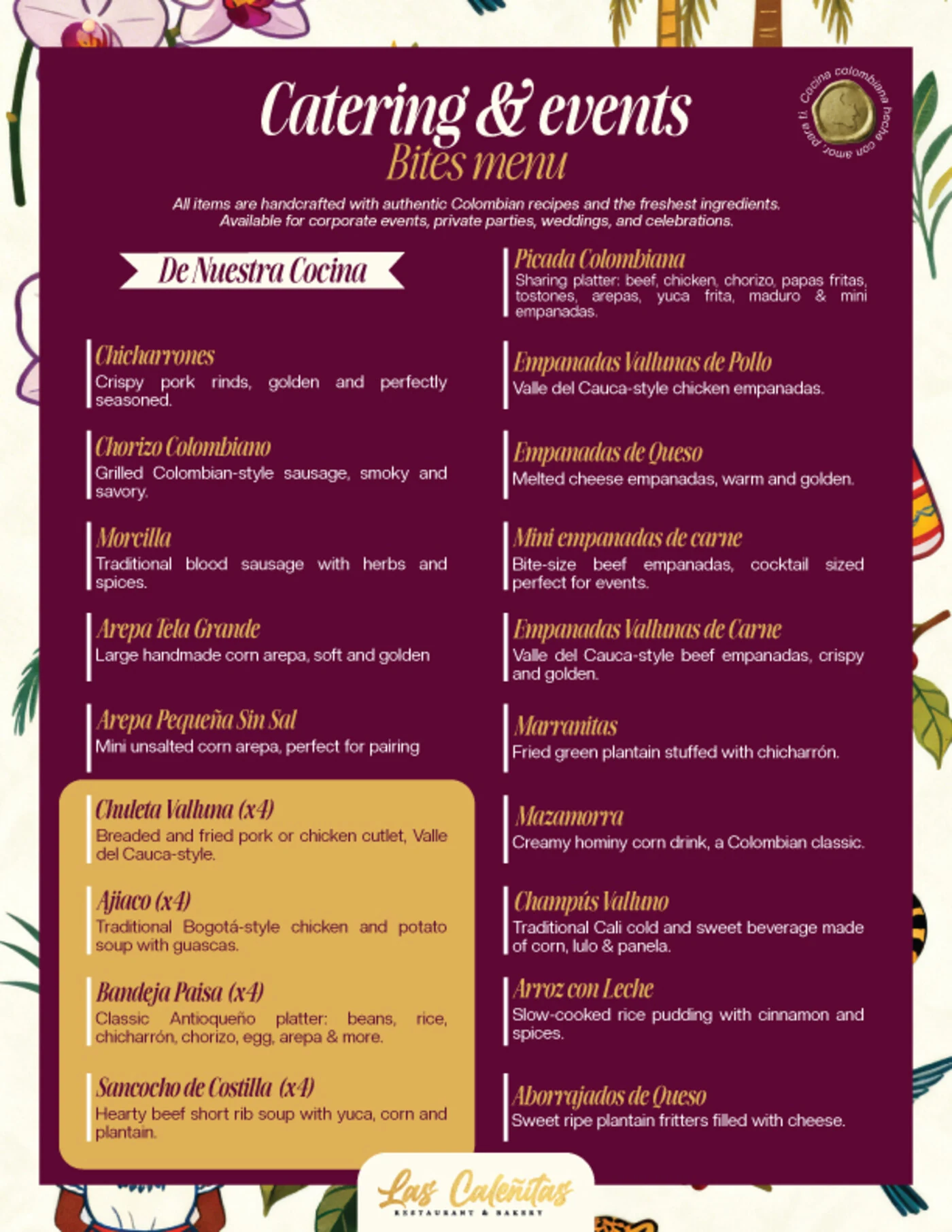 Menú de catering de Las Caleñitas, página 1